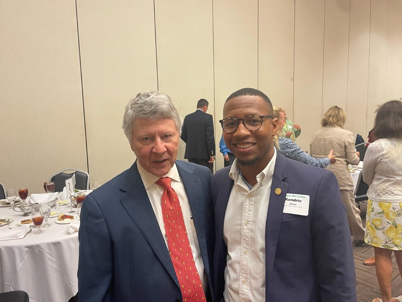 Former Harris County Judge Ed Emmett, now a fellow at the Baker Institute at Rice University, was the keynote speaker at the Aug. 18 Highway 36A Coalition meeting at Prairie View A&M University. Here Emmett poses with Waller County Commissioner Kendric Jones.